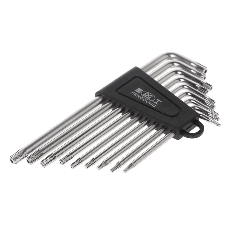 9PCS L-shape Hex key Set Torx Star Hex Wrench Tool Set with Holes Hardware Tool Kit - Silver + Black Clip T6,T7,T8,T9,T10,T15,T2
