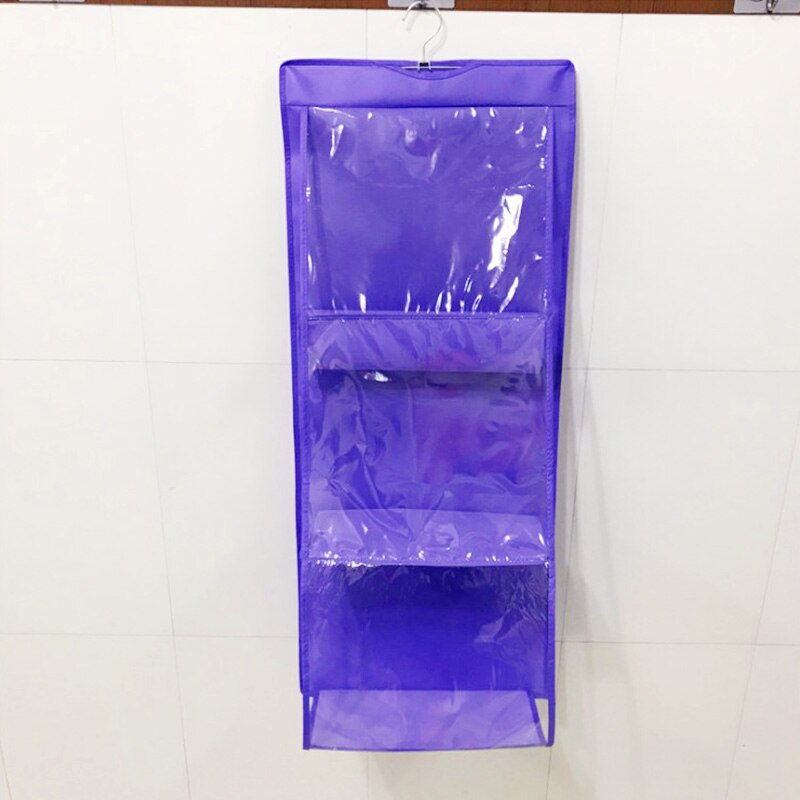 Double Side Transparent 6 Pocket Foldable Hanging Bag Clothes Storage Organizer Wardrobe Closet Finishing Storage Hanger: style 1 purple