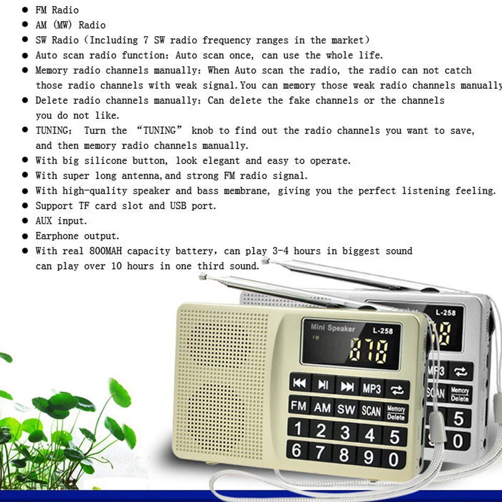 Bass Mini radio con pantalla digital SW FM portátil MP3 Insertar tarjeta gran botón fácil de operar altavoz multibanda de carga USB