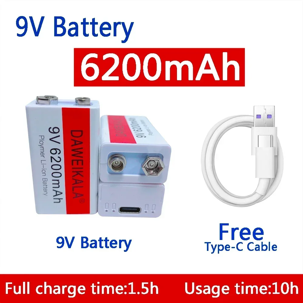 2025 9V 6200mAh batería recargable de iones de litio tipo C batería 9V USB litio para multímetro micrófono juguete + cable de carga USB