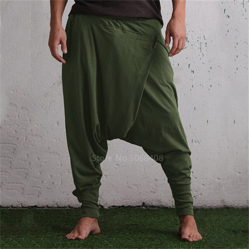 Mann retro middelalder pirat viking haremsbukser tilfeldig løs halloween scene - bukser med vidde ben i skritt solid hip hop streetwear: Grønn / 3xl