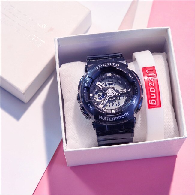 Montre numérique de l'amant de la étanche Sport montre-bracelet double temps or haut choc hommes femmes montre-bracelet Led horloge en caoutchouc: Black Black