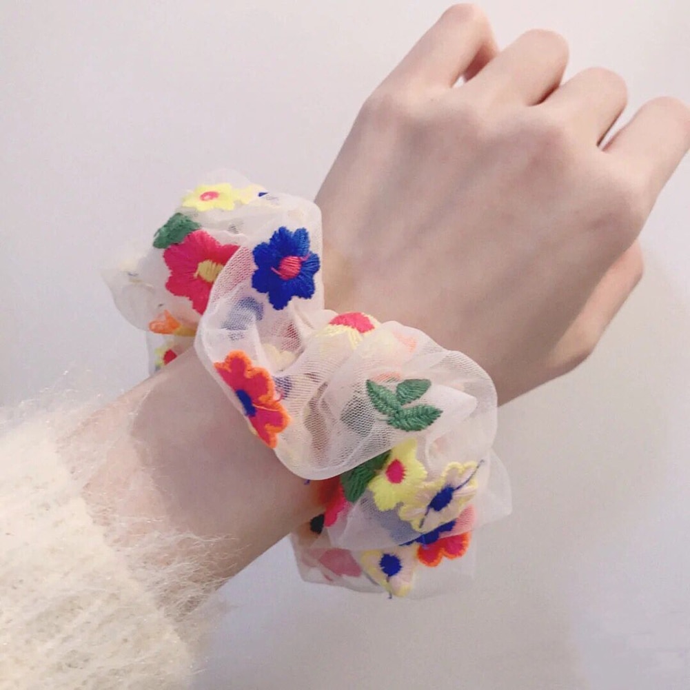 Daisy bandas elásticas para el cabello Scrunchie mujeres de malla, bordado Floral diademas para cabello para niñas Tie accesorios para el cabello, cuerda