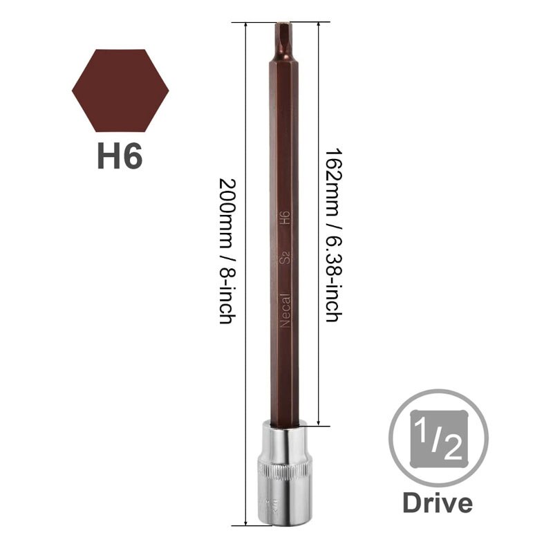 1/2" Drive x 4mm 5mm 6mm 8mm 10mm 12mm 14mm Hex Bit Socket, 200mm Long Metric, S2 &amp; Cr-V Steel: 200LxH6