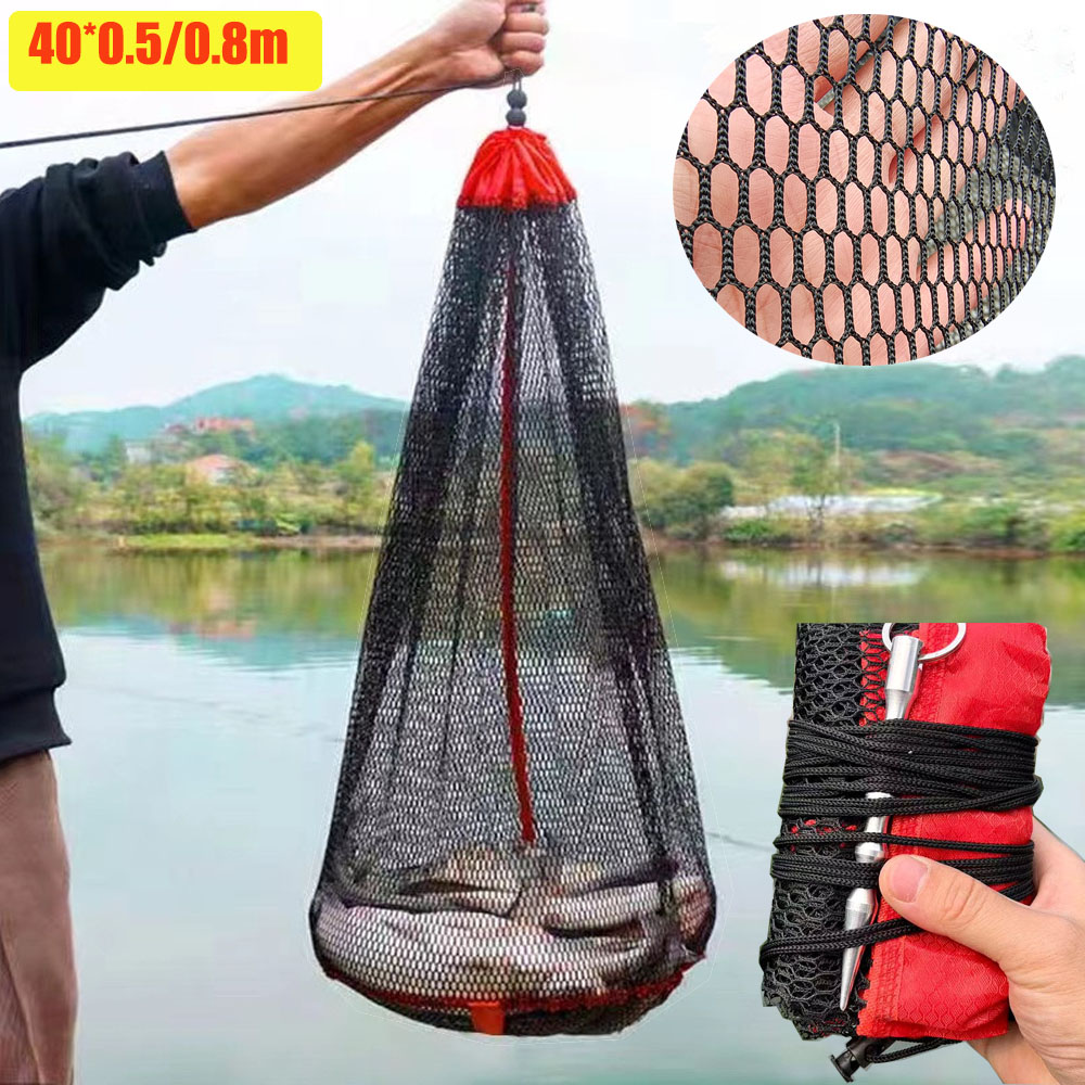 Foldbar fiskenetpose nylon lille gitterbur fiskenet bundt mund fiskeri levende fisk kurv mesh snøre bærbar taske
