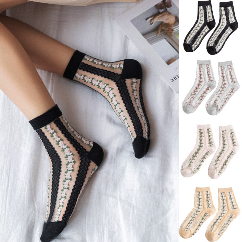 Damstrumpor blommiga strumpor för kvinnliga broderier genomskinliga tjejer svart patchwork sox fräsch färg damstrumpor