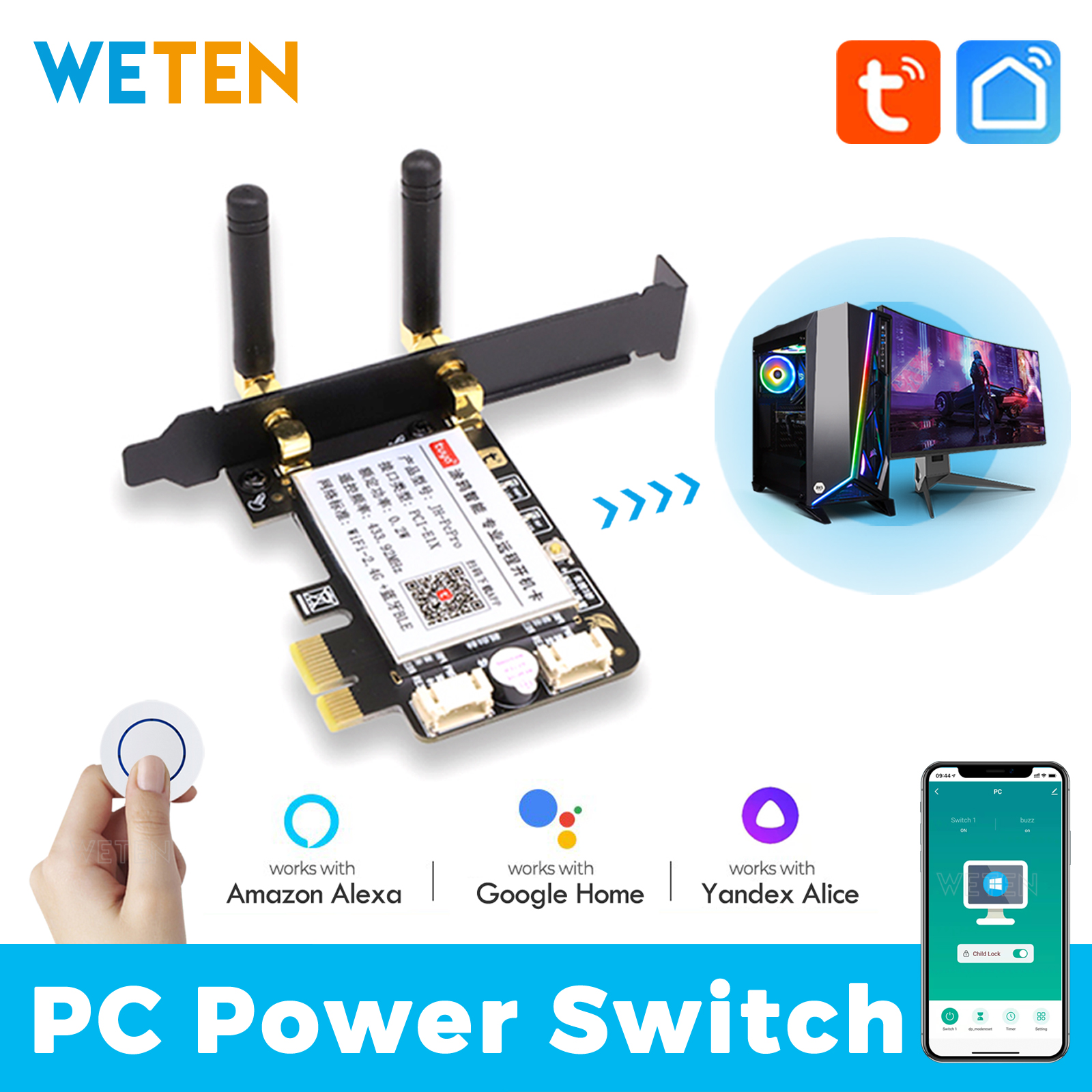 Tuya Wifi Computer Power Reset-schakelaar USB PCIe-kaart 433 RF-afstandsbediening PC-aan/uit-knop, APP-spraakbediening met Alexa Google Home