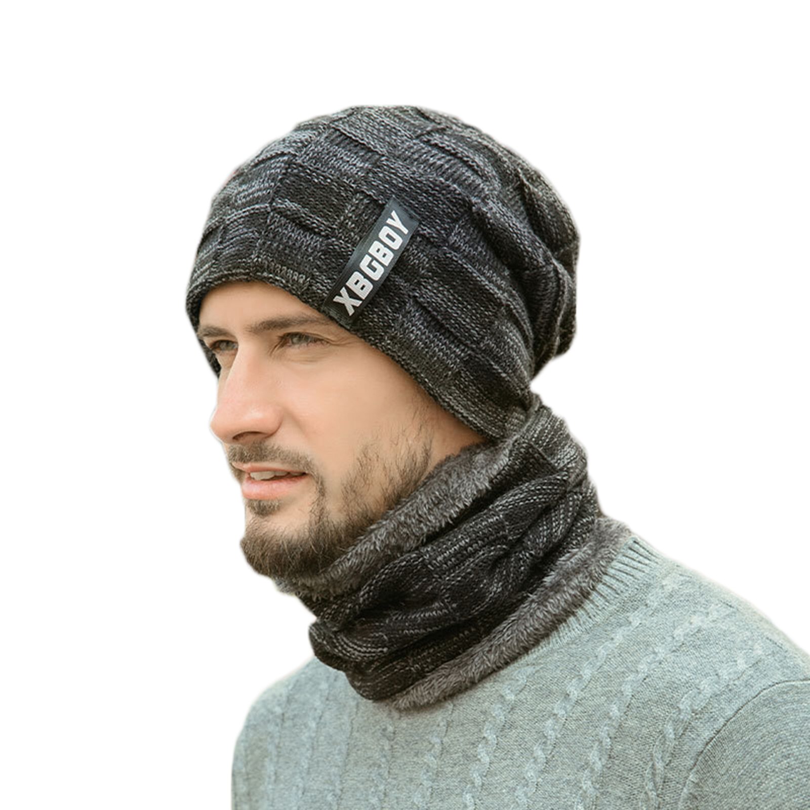 Winter muts sjaal dikke fleece gevoerde warme gebreide skimutsen voor heren jongen  ty66: Zwart / Xs