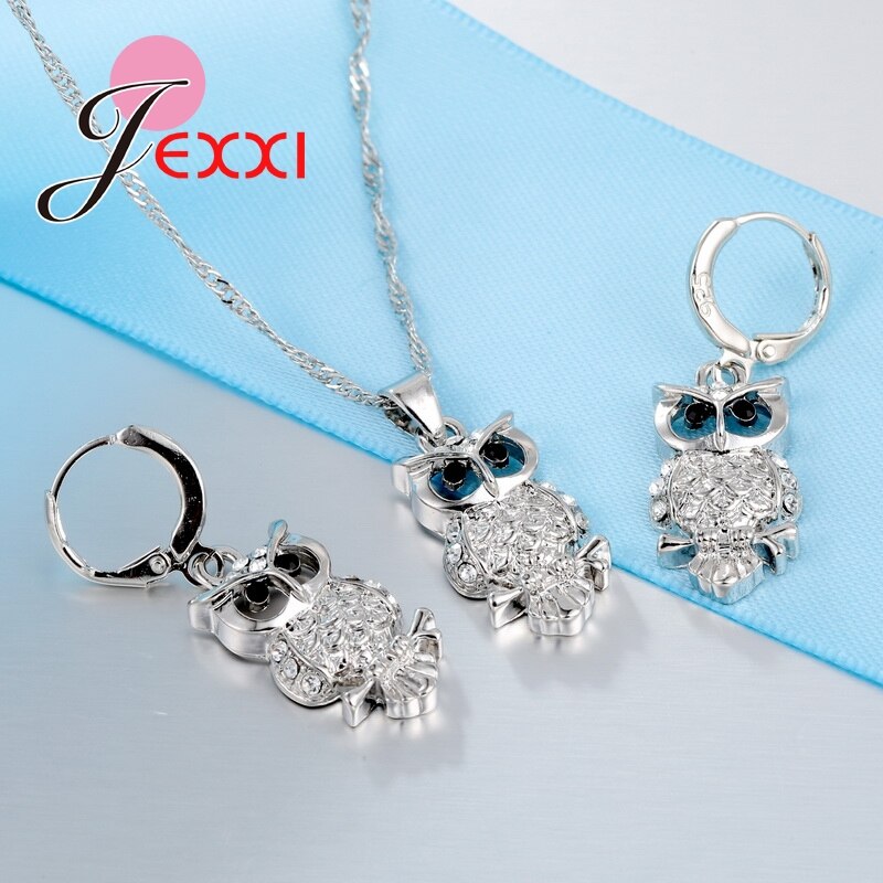 Conjuntos de joyas de animales de plata de ley 100% 925 para de boda, pendientes de collar de estilo ruso con búho de Zirconia completa para mujer