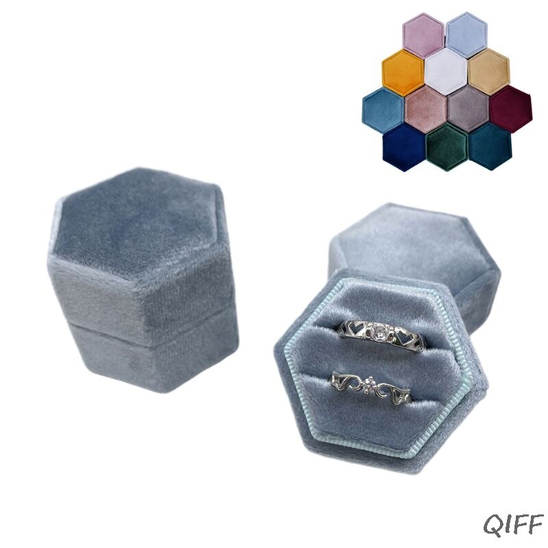 Velvet Double Ring Box Hexagon Wedding Ceremony Ring Box for proposal, engagement, wedding with Detachable Lid: J