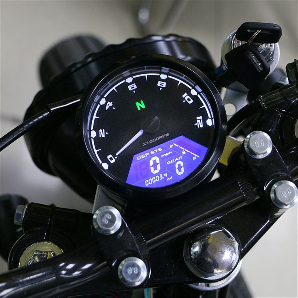 12000RPM kmh/mph Motorcycle Universal LCD Signal Speedometer Tachometer Odometer Gauge Gear indicator Cruiser Chopper Cafe Racer
