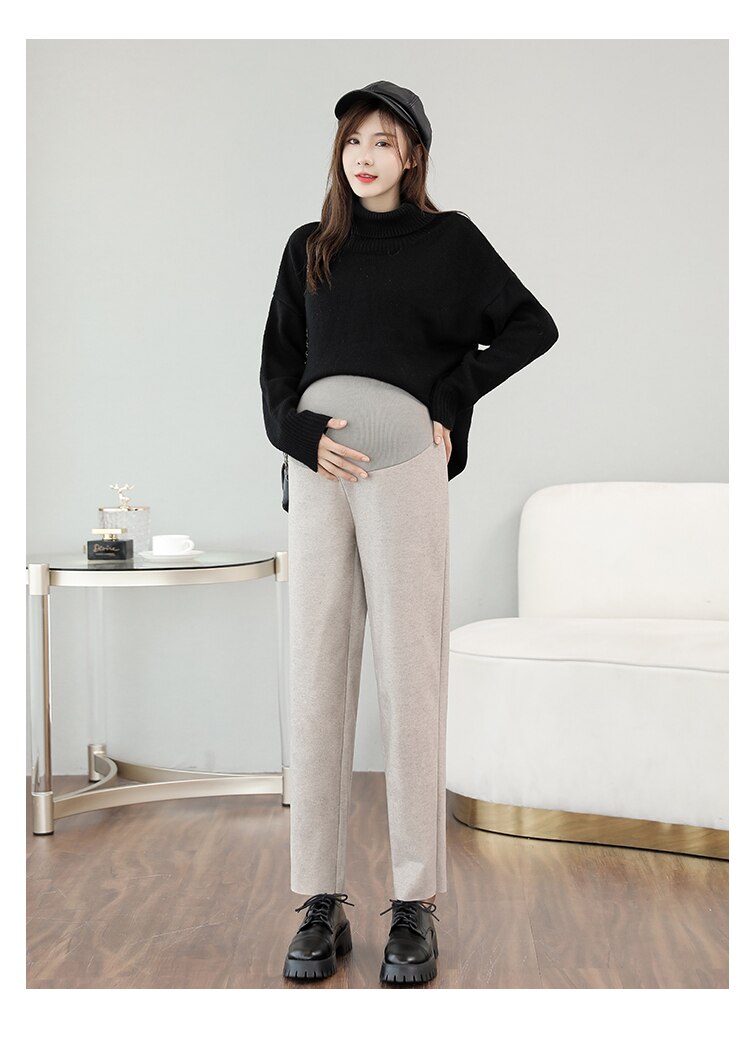 Autumn Winter Pregnant Women Work Pants Solid Color High Waist Maternity Belly Trousers Office Lady Empire Turnip Pants: Autumn Oatmeal / L