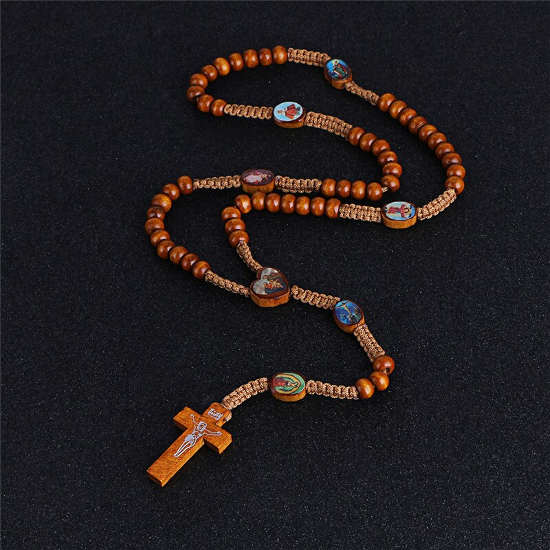 Komi Wooden Beads Cord Rosary Necklace St Benedict Medal Jesus Cross Pendant Necklace Catholic Religious Jewelry R-017: Default Title