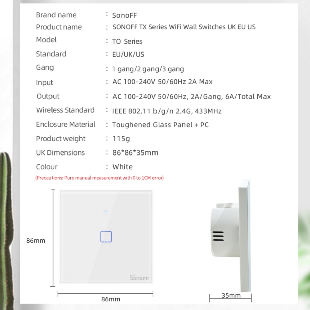 SONOFF Touch Wall Switch Glass Panel Light EU US Socket Plug Wifi Wireless Remote Control 1 Gang 1 Way Relay Google Smart Home