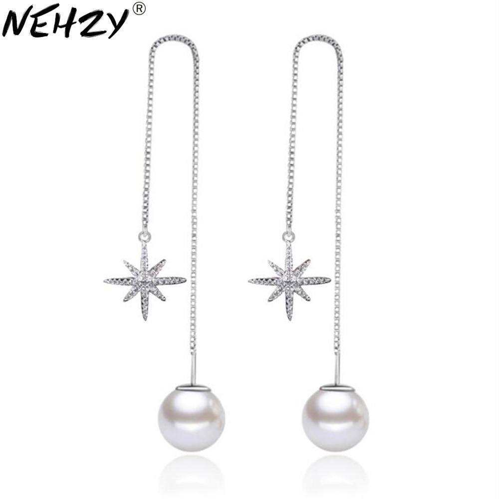 Nehzy 925 prata esterlina womanhigh-end feminino marca simples moda anis brincos em forma de arroz estrelas linha de orelha alta pérola jóias