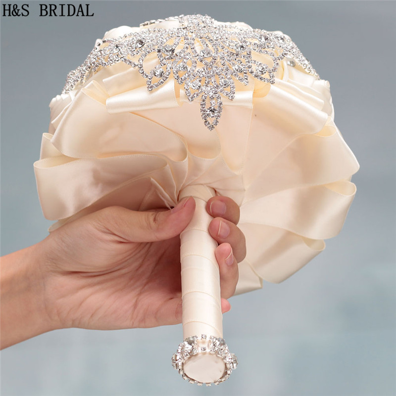 H&amp;S BRIDAL Ivory Crystals Crown Wedding Flowers Crystals Bridal Bouquets Artificial Wedding Bouquets buque de noiva