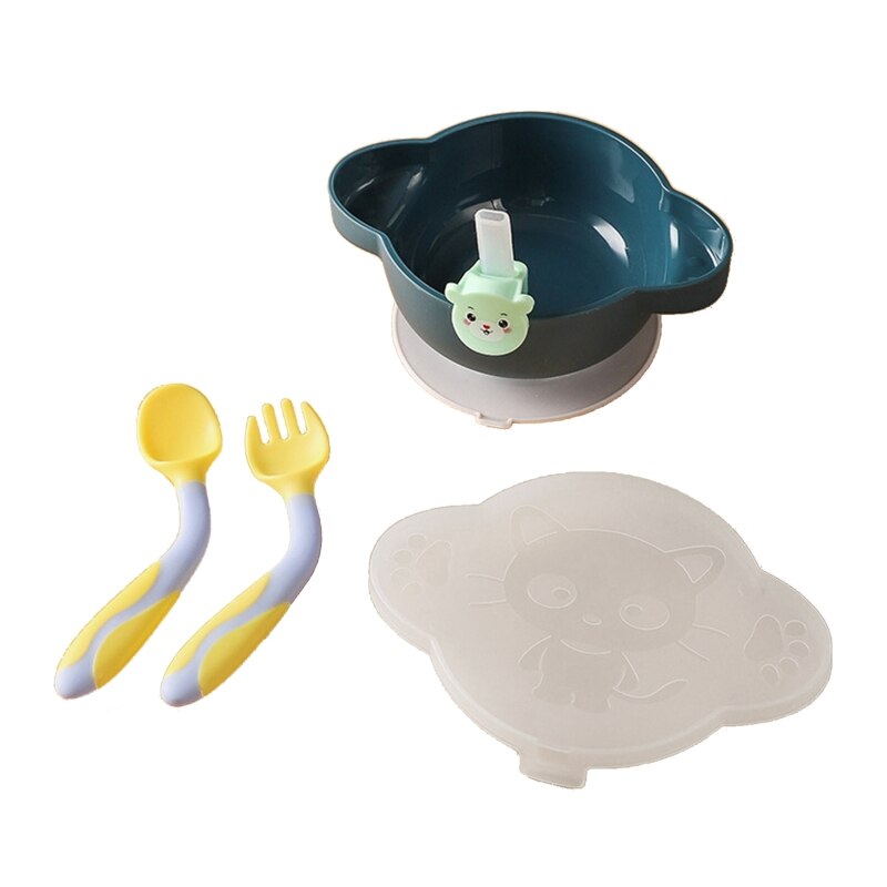 Assiette à dîner pour bébé, bol à ventouse avec cuillère à paille, ensemble de fourchettes, plats antidérapants à succion, formation, vaisselle d&#39;alimentation pour tout-petits: Deep Blue