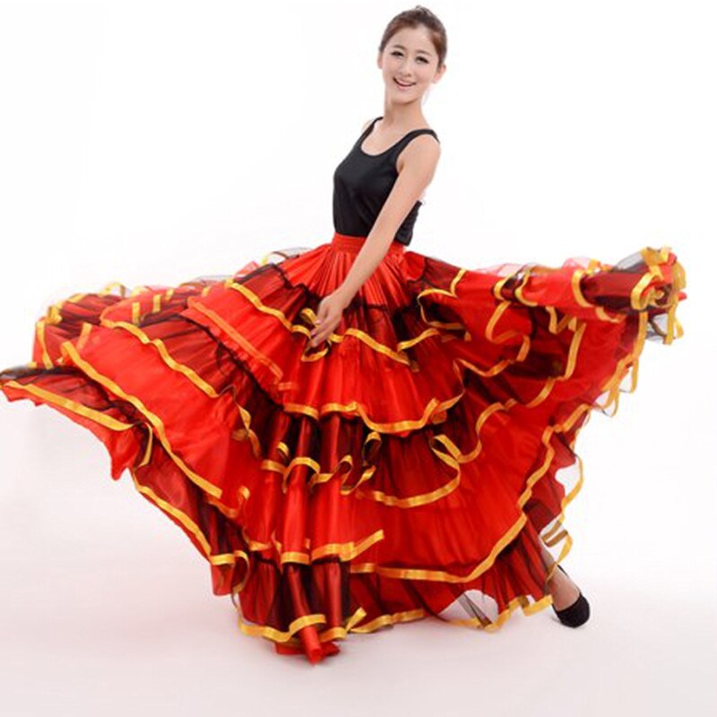 Womens Ballroom Spanish Flamenco Dance Skirt Red Dancer Fancy Dress Costume Belly Dancing Skirts 360/540/720 Degree