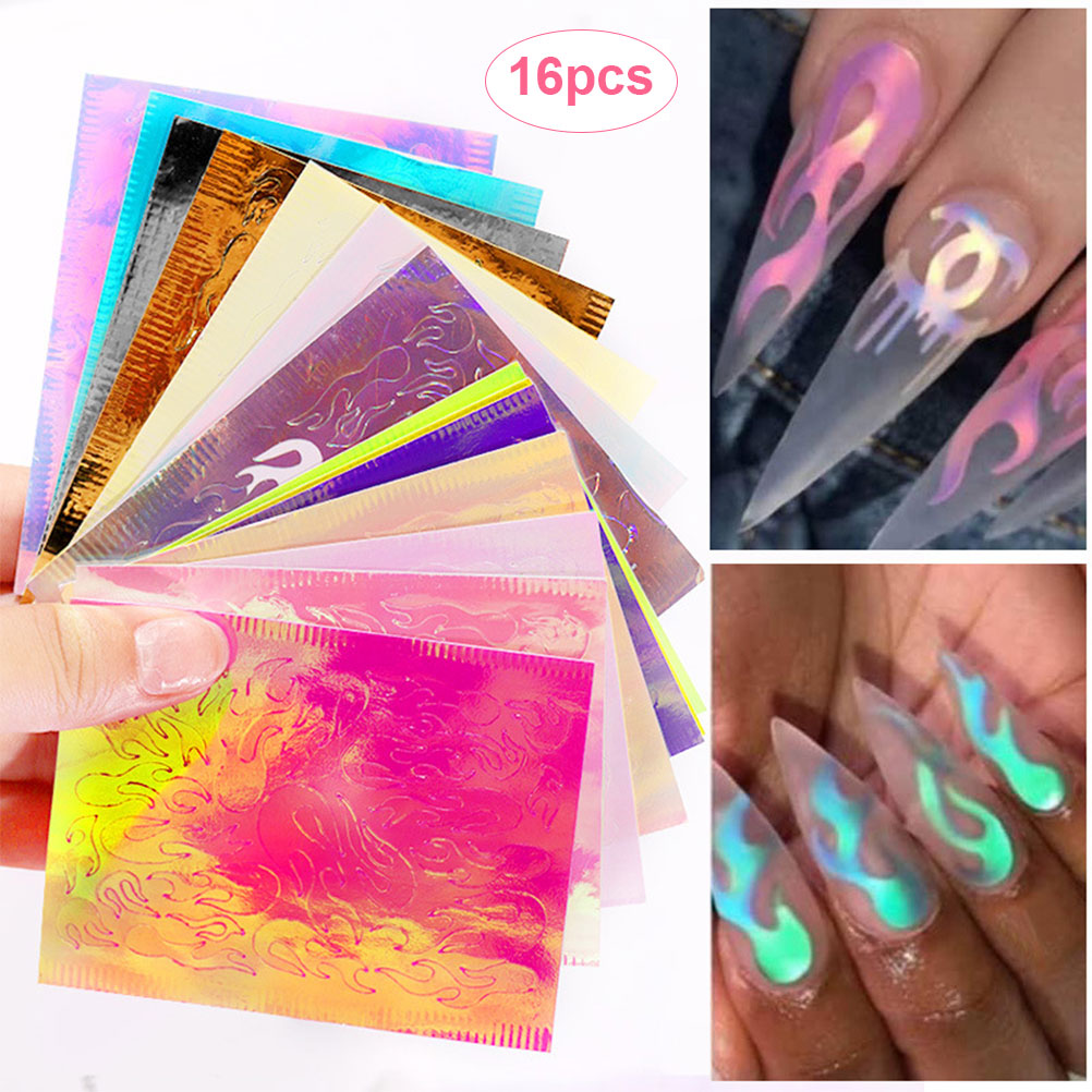 16 stk holografisk flamme negle mærkat symfoni negle manicure form mærkat negle mærkat art deco: Default Title