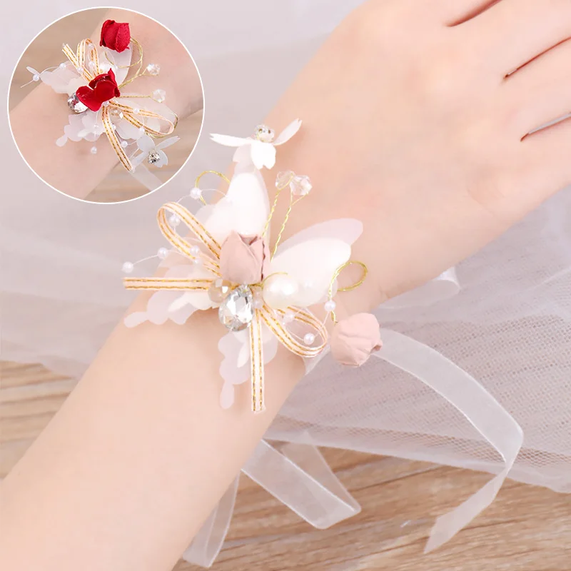 Imitation Pearls Corsage Bracelet Fabric Hand Flowers Girls Bridesmaid Wrist Flowers Wedding Party Accessories Party decor Rose
