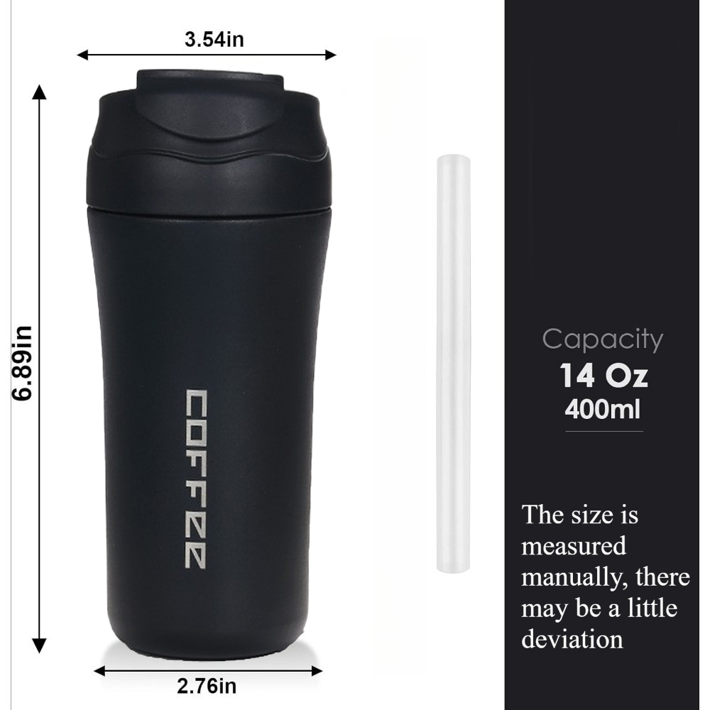 14Oz Insulated Stainless Steel Travel Coffee Mug Spill Proof Travel Mug with Straw Reusable Drinkware for and Cold Beverages