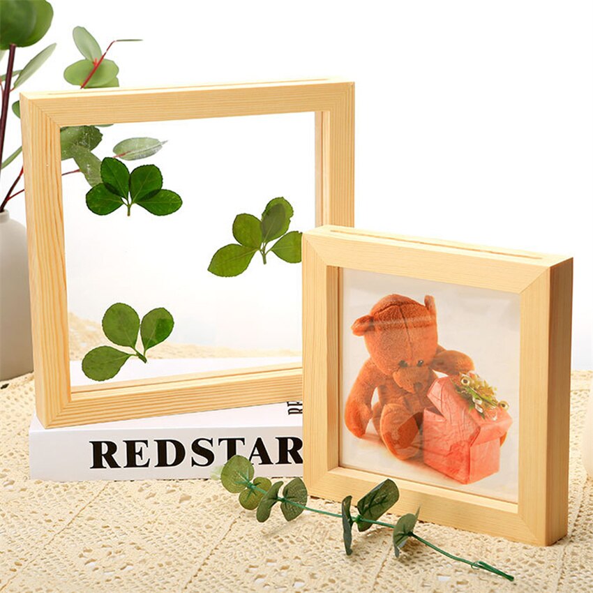 1PC Houten Fotolijst Dubbelzijdig Glas Fotolijst Woondecoratie Ambachten Zaagsel Fotolijst Thuis Ambachtelijke Desktop Decoratie