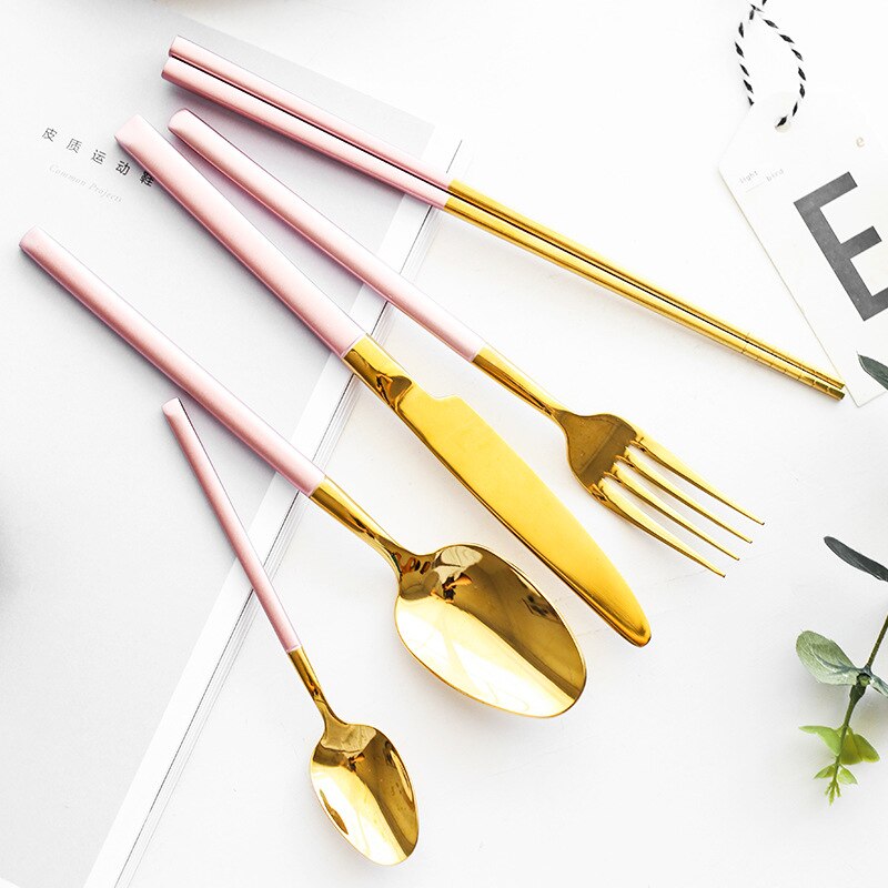 Gold Pink European Dinnerware Knife Spoon Fork 304 Stainless Steel Western Cutlery Kitchen Food Tableware Dinner Set