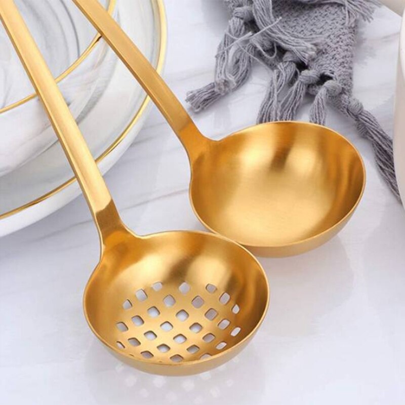 Juego de colador de cazo de sopa de oro, cuchara de servir de utensilios de cocina de acero inoxidable con mango largo, para utensilio de cocina (2 uds)