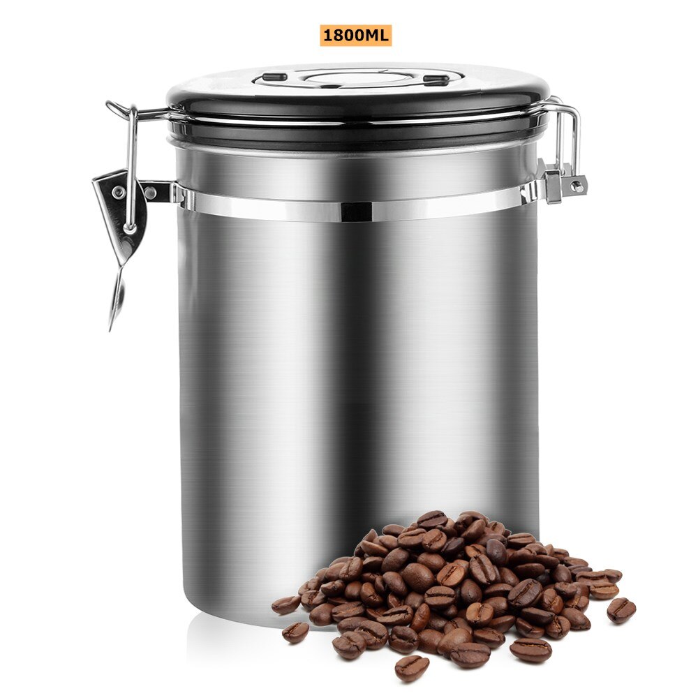 Stainless Steel Coffee Canister With Scoop Airtight Coffee Container Storage Set For Coffee Beans Tea: 1800ML NON SPOON