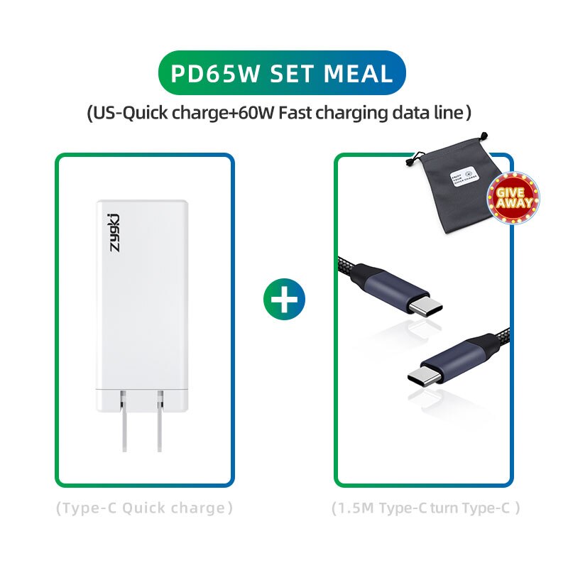 ZYG Xiaomi 65W Fast Charger Type-C Interface PD3.0 QC4.0 Portable Mobile Phone Quick Charger, iPhone 12 Por Laptop Fast Charging: US 60W type-C cable