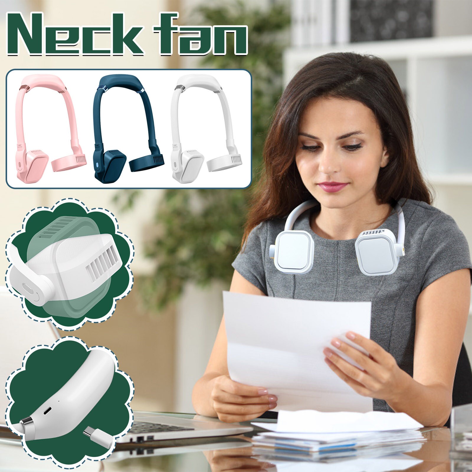 Style Hanging Mute Fans With Power Long Battery Life Neck Mini Fan Cross-border Foldable Usb Rechargeable Electric