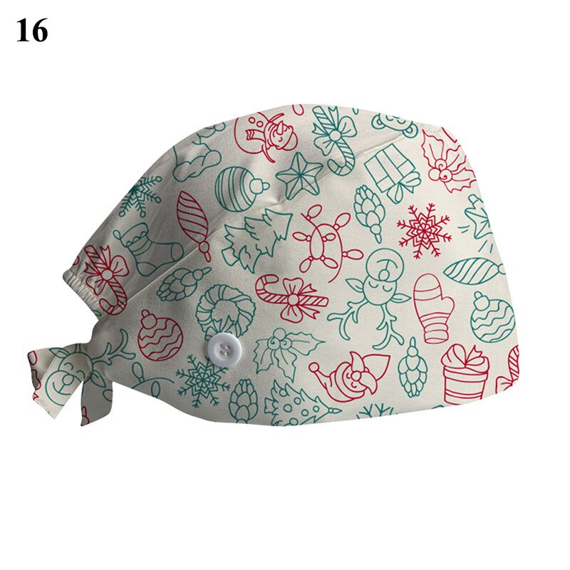 Kerstprint chirurgische muts voor dames heren verpleegstersmuts met knoop zweetabsorberende handdoek doktersmuts scrub muts gesp baotou muts: 16