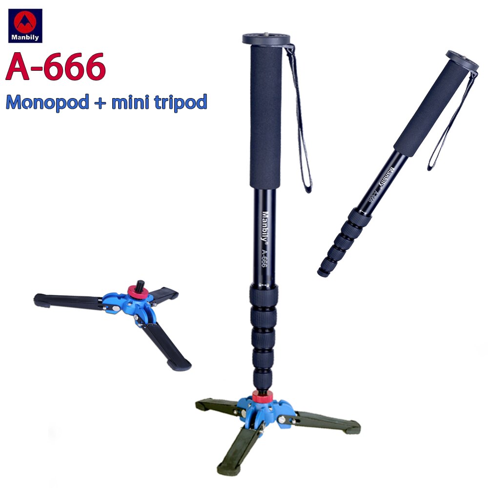 Tripé monopé portátil de alumínio manbily para câmera digital slr com mini tripé na parte inferior