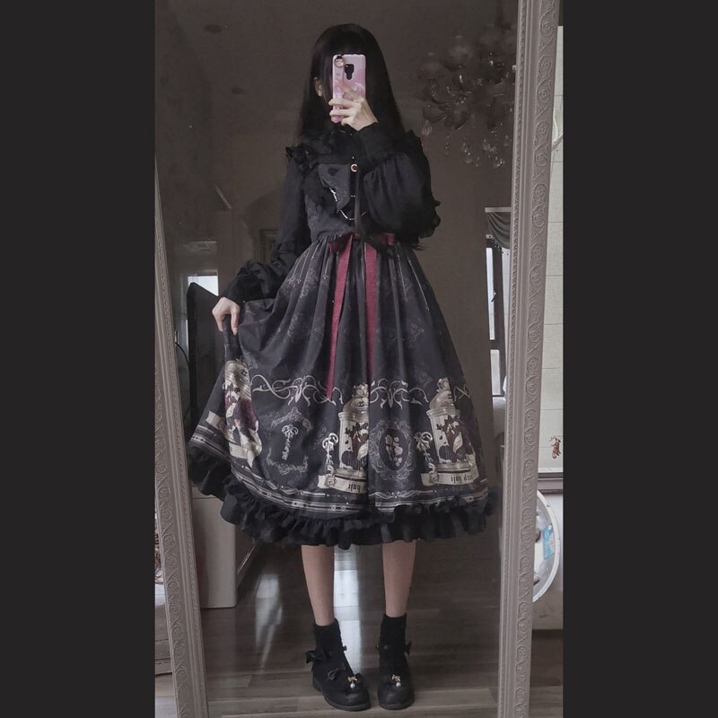 Vestido de lolita estilo completo, roupa em formato de crânio, estilo gótico, séries escuras, vestido vitoriano gótico