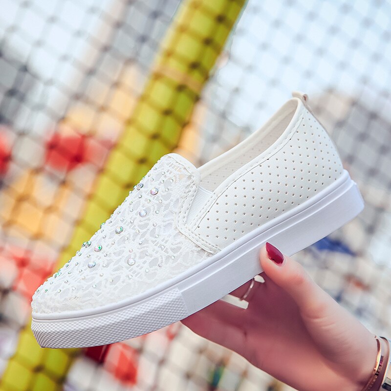 Strass mesh ihåliga vita sneakers kvinnor sommarskor kvinna andas plattform slip-on dam skor dam: 7.5