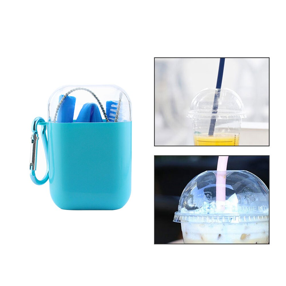 Pawaca herbruikbare siliconen rietje opvouwbaar drinkrietje met draagtas reinigingsborstel sleutelhanger voor op reis thuiskantoor drankjes: Blauw