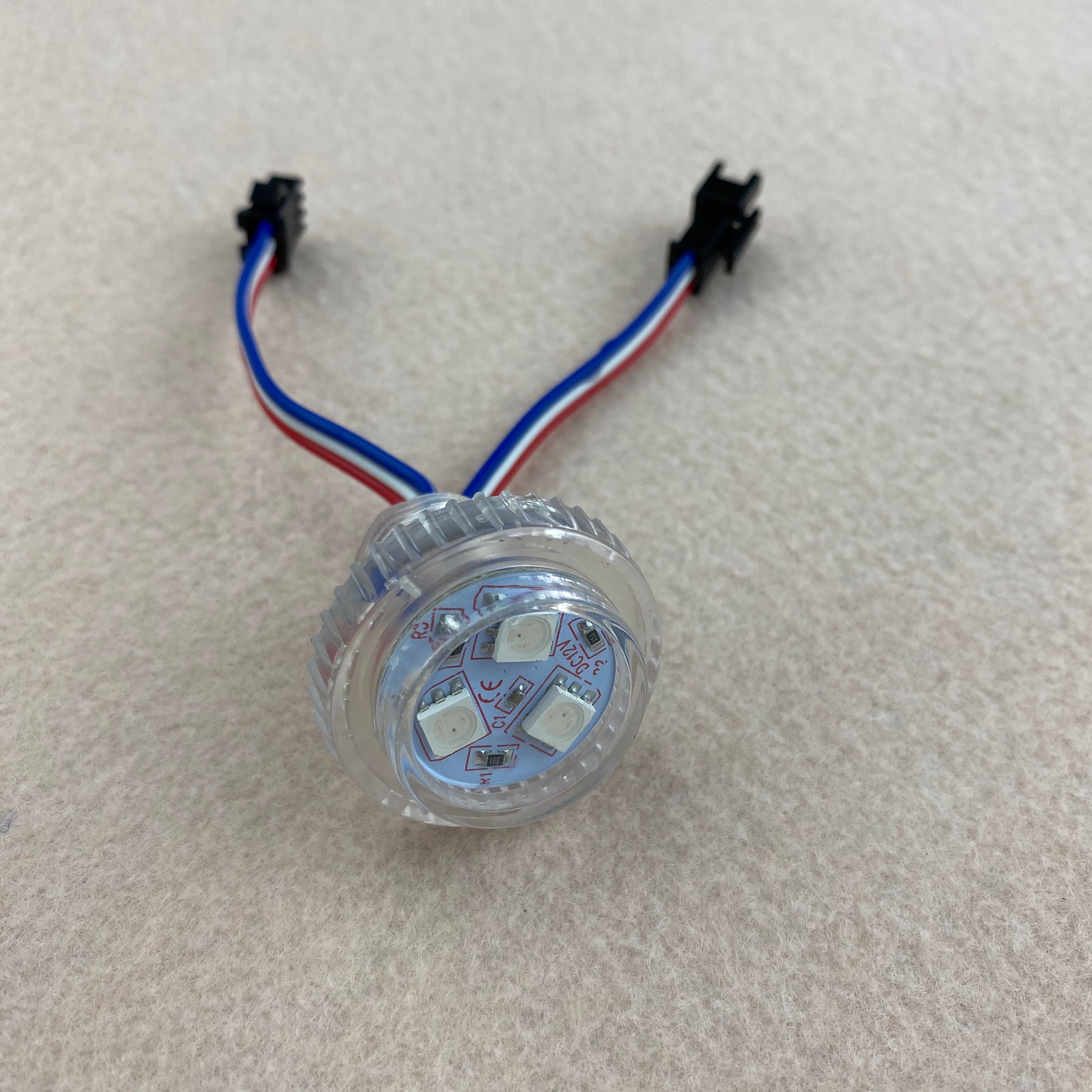 26mm diameter;DC12V;UCS190/WS2811 addressable RGB full color led smart module;0.72W(3pcs of 5050 SMD LED);IP68