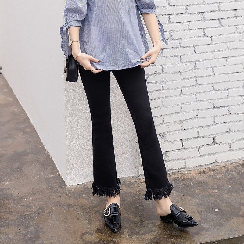 Maternity Jeans High Waist Black Tassel Flare Pants for Pregnant Women Boot Cut Stretch Solid Pregnancy Denim Jeans S-XXL