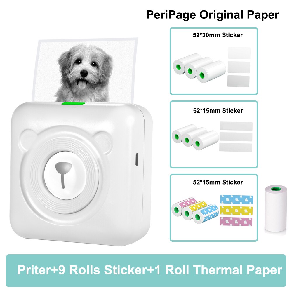 PeriPage A6 203DPI Pocket Thermal Printer Wireless All-in-One Printer BT Picture Label Receipt Paper Printer AR Photo Function: W-10 papers