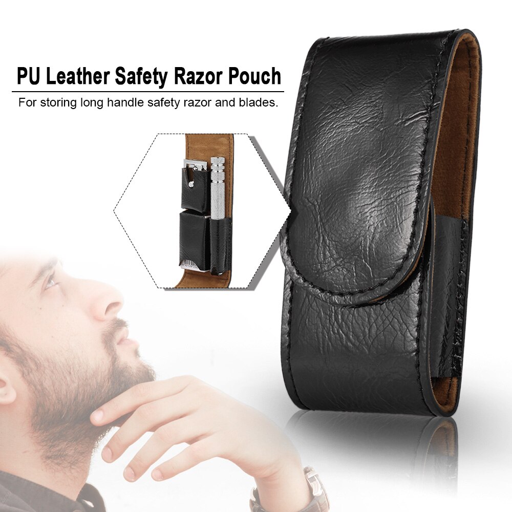 Bolsa de máquina de afeitar de cuero PU, mango recto y largo, estuche de afeitar de seguridad con mango largo, soporte de cuchilla de afeitar de doble filo, tienda de cuchillas de afeitar