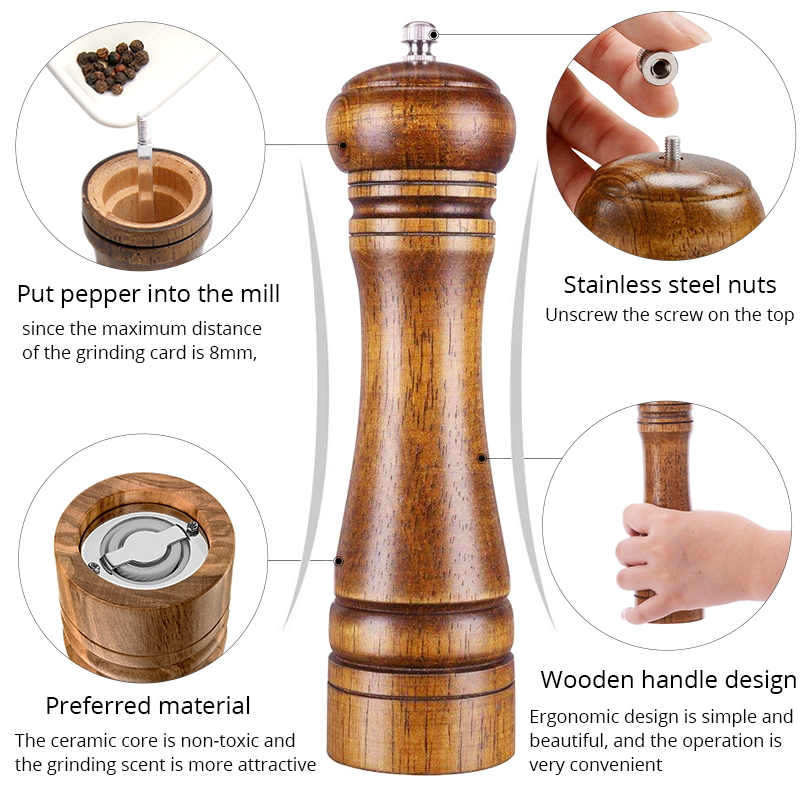 Molinillos de sal y pimienta de madera konco, molinillos manuales de sal marina, hierbas y pimienta con molienda de cerámica, utensilios de cocina para especias y hierbas.