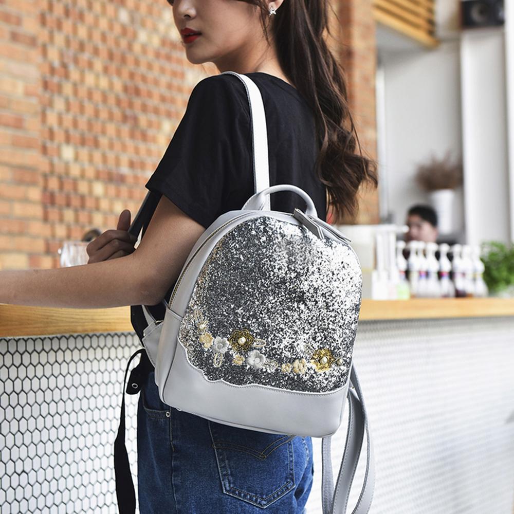 Bling Glitter Rucksack Shining Sequins Backpack Women Floral Pu Leather Backpack Girls Mini Travel School Bag Mochilas