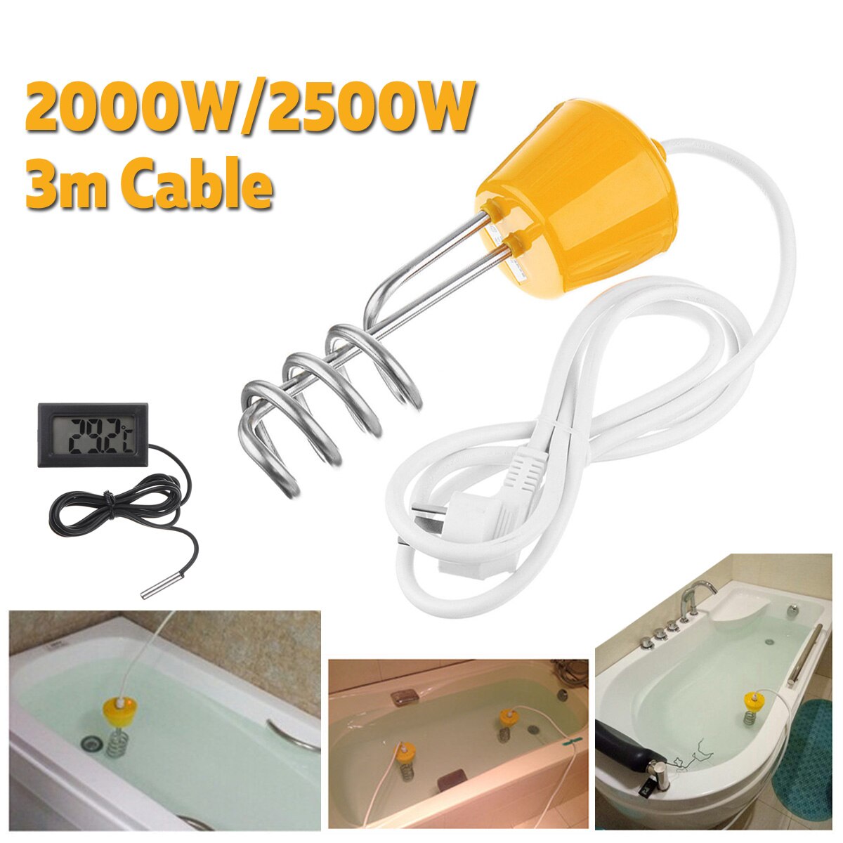 2000W/2500W Portable Suspension Electric Water Heater Element Boiler for Inflatable Pool Tub Travel Camping Travel