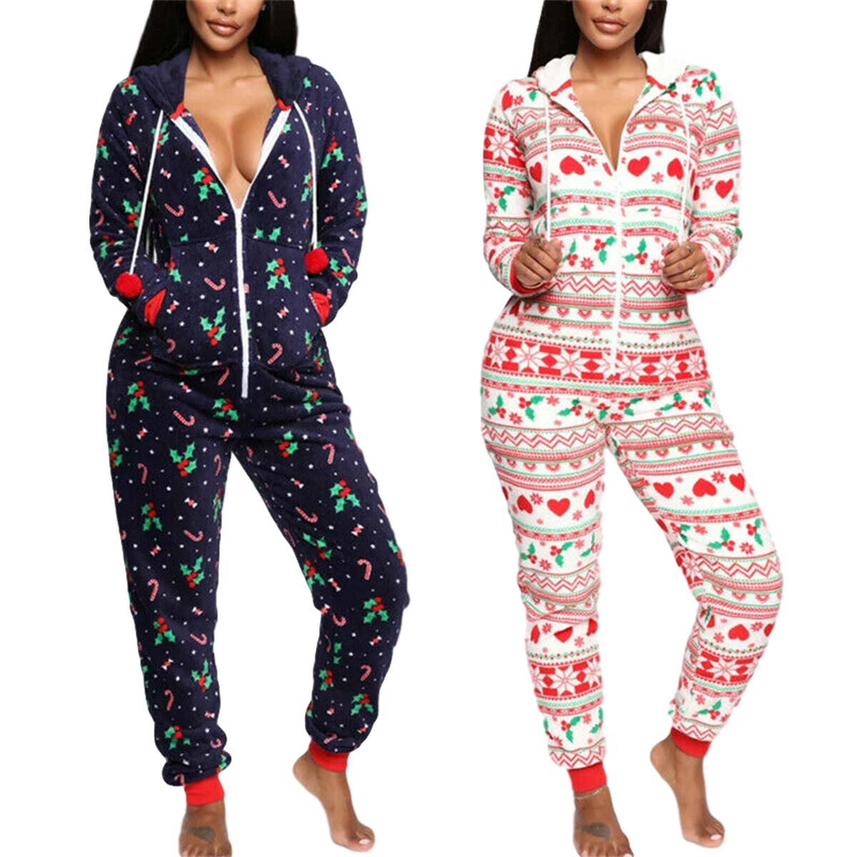Herfst Winter Vrouwen Hooded Jumpsuits Leuke Kerst Patroon Casual Homewear Pyjama Vrouwelijke Lange Mouwen Ritsen Rompertjes Nachtkleding