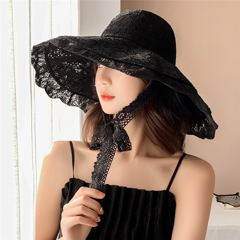 Grand chapeau de soleil à large bord chapeau de dentelle souple été blanc dentelle noire église fête chapeaux de mariage chapeau de plage emballable