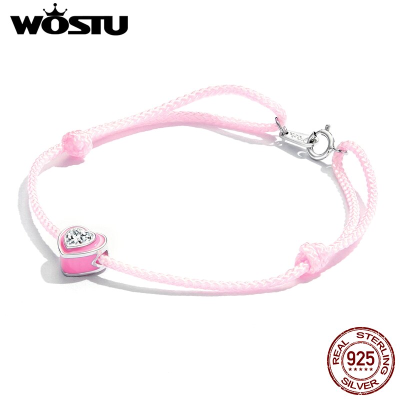 Wostu 925 Sterling Zilver Roze Hart Touw Enkel 22.5Cm Maat Verstelbaar Glanzend Zirkoon Touw Ketting Voor Vrouwen Zomer Sieraden CQT022