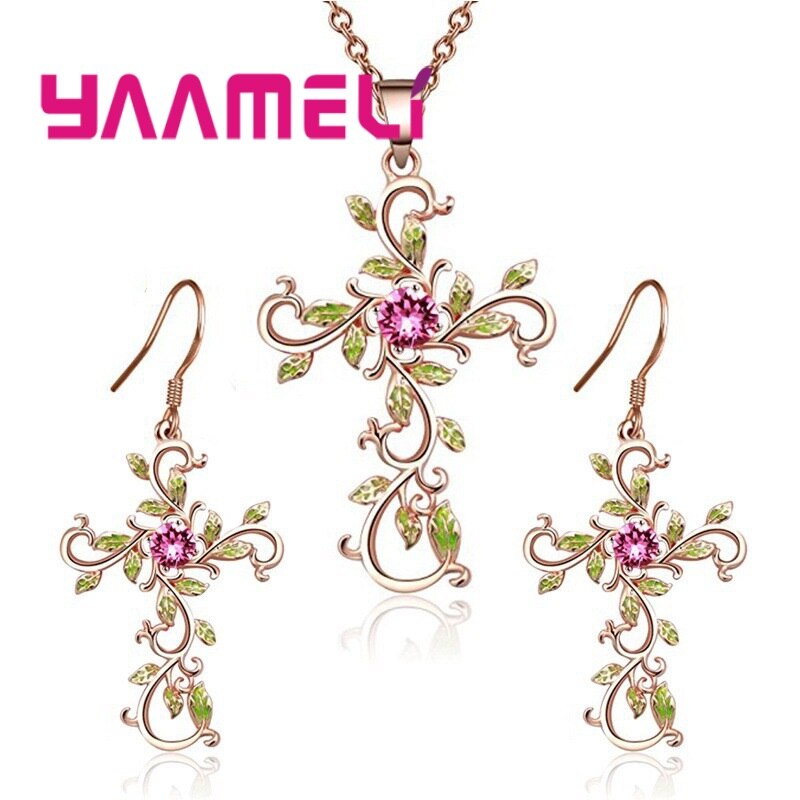 1 Set Crystal Bloem Ketting Hangers 925 Sterling Zilveren Kruis Sieraden Set Voor Vrouwen Boho Vintage Sieraden: Style2 rose gold