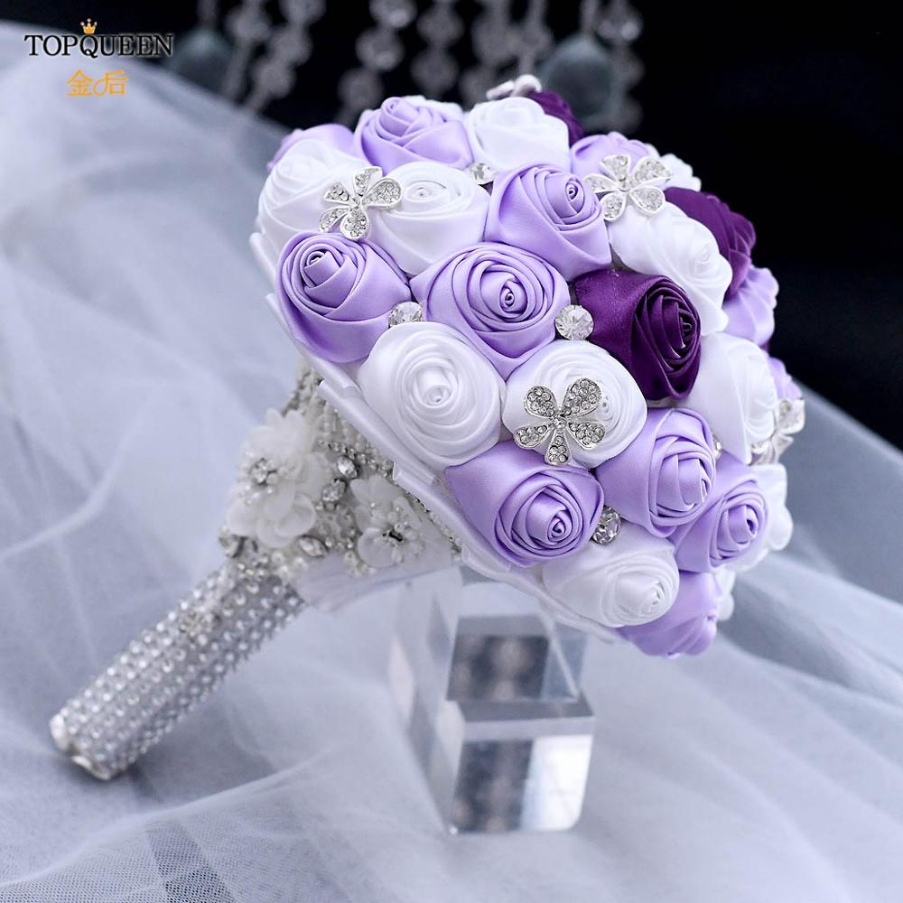 Topqueen Kunstbloem Rose Buque Casamento Bruids Boeket Voor Bruiloft Lavendel Wit Gorgeous Crystal Wedding Boeket F7