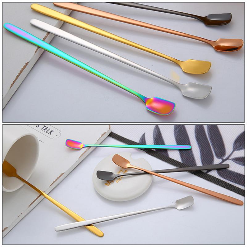 Coffee Spoon Stainless Steel Long Handle Stirring Milk Spoon Gold Handle Square Head Spoon Kitchen Drinking Flatware TXTB1