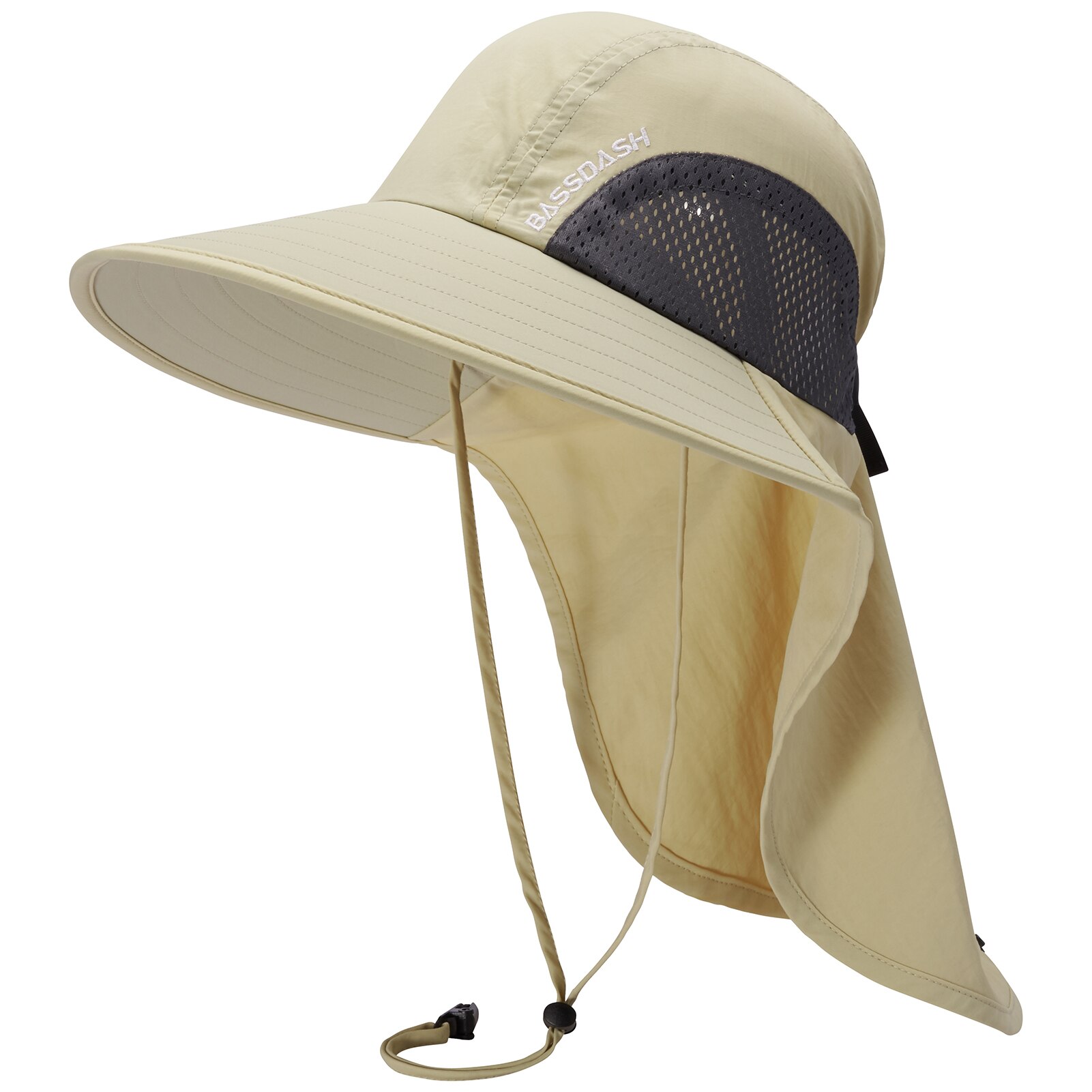 Bassdash UPF 50 + Unisex, sombrero de Sol de ala ancha resistente al agua con solapa de cuello grande, gorro de pesca con cola de caballo para hombres y mujeres: Cream